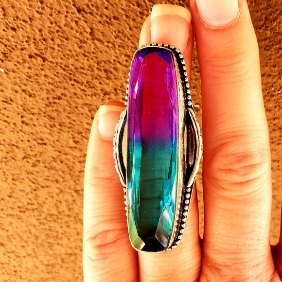 New Oversized Bi-Color Tourmaline 925 Silver Statement Ring. - Picture 11 of 15